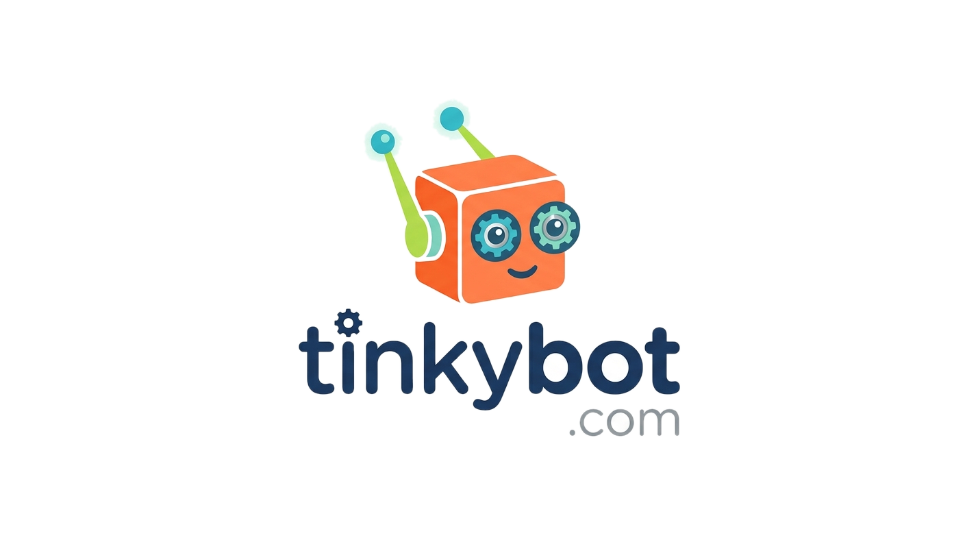 Tinkybot logo — an orange cube-shaped robot with glowing antennae and gear-shaped eyes